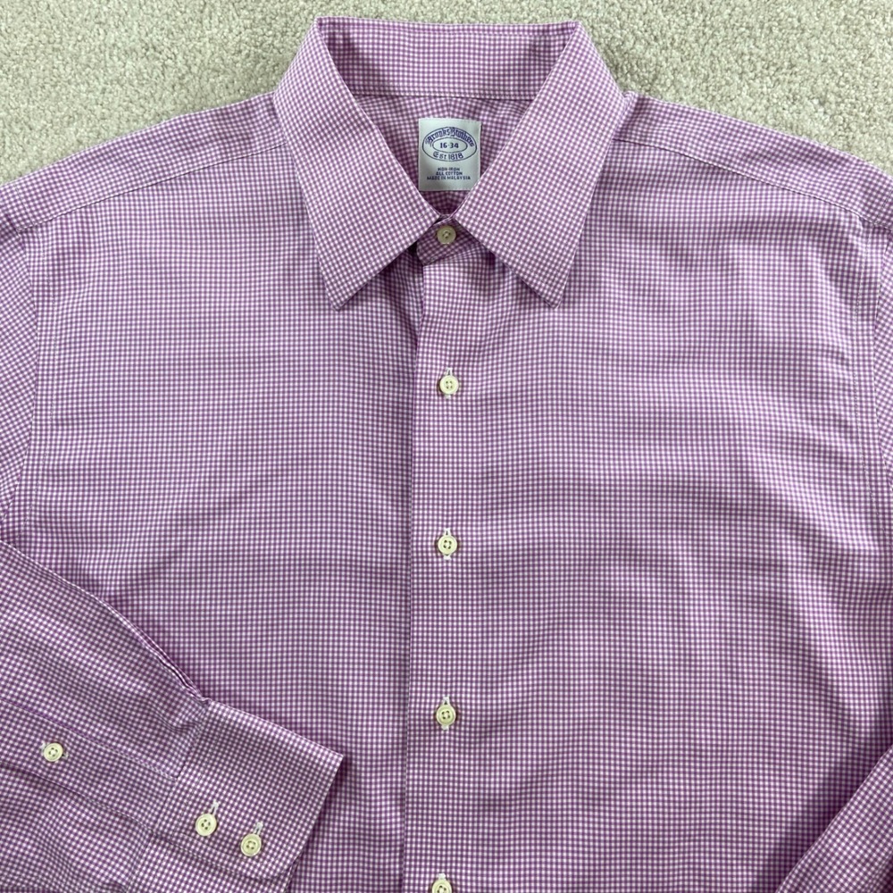 Brooks Brothers Dress Shirt Mens 16-34 Purple Gingham Micro Check Non-Iron